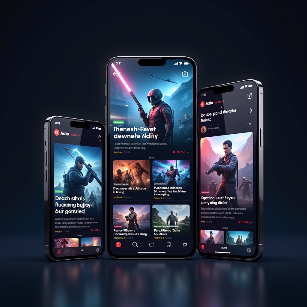 Modern mobile gaming news platform interface showing latest game releases, tournament updates, and industry announcements on multiple devices including smartphones and tablets