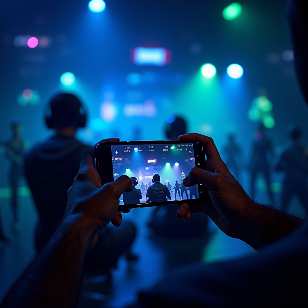 Epic Games mobile Fortnite tournament announcement with professional mobile gaming setup, touch controls interface, and competitive gaming atmosphere with electric blue and neon green lighting effects