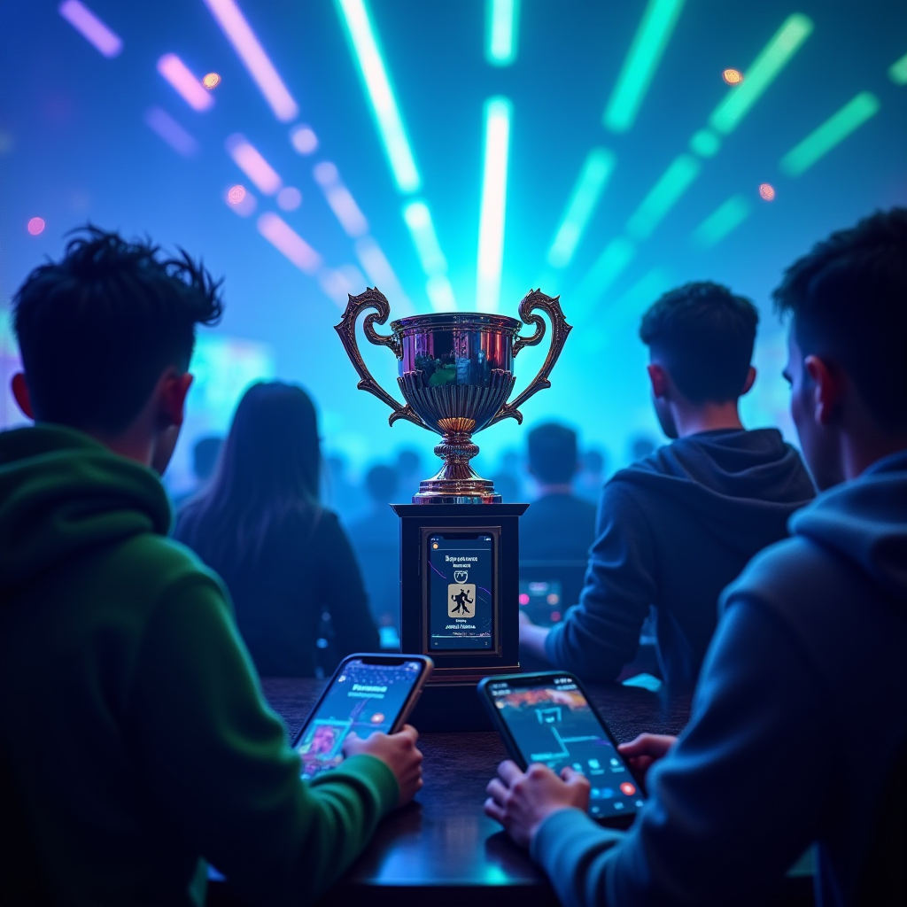 Epic Games mobile Fortnite tournament announcement featuring professional mobile players competing on smartphones with electric blue and neon green lighting effects, tournament trophy in center, crowd of spectators in background