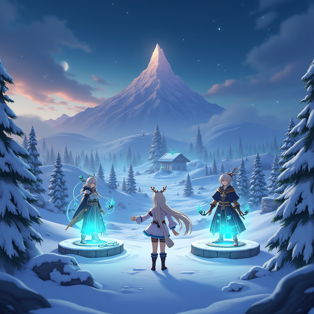 Genshin Impact version 5.3 update promotional artwork featuring the final explorable area of Natlan region with snow-covered landscapes, new playable characters in dynamic poses, and Winter Festival decorations with glowing blue and green magical effects against a twilight sky