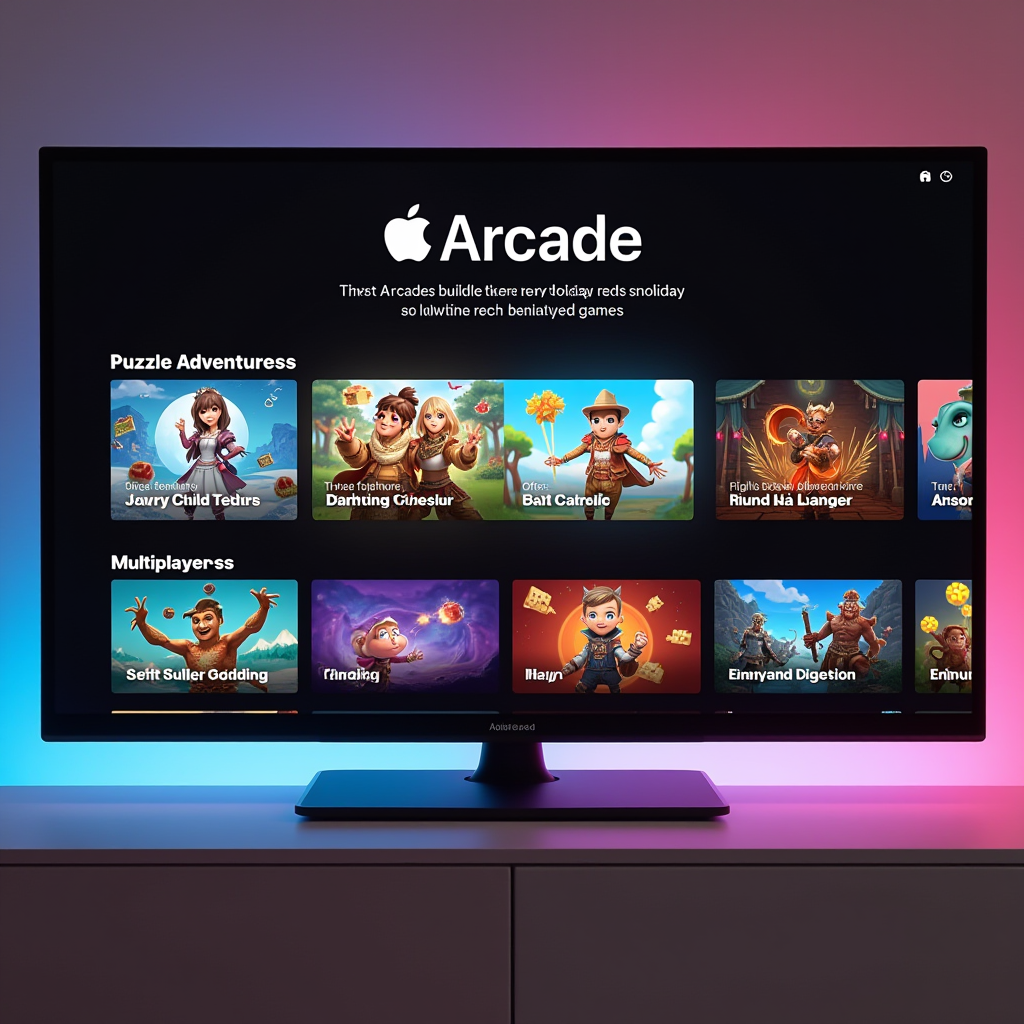 Apple Arcade interface showcasing the new holiday game collection with colorful game tiles featuring puzzle adventures, RPGs, and multiplayer games arranged in a grid layout on a sleek dark interface with the Apple Arcade logo prominently displayed