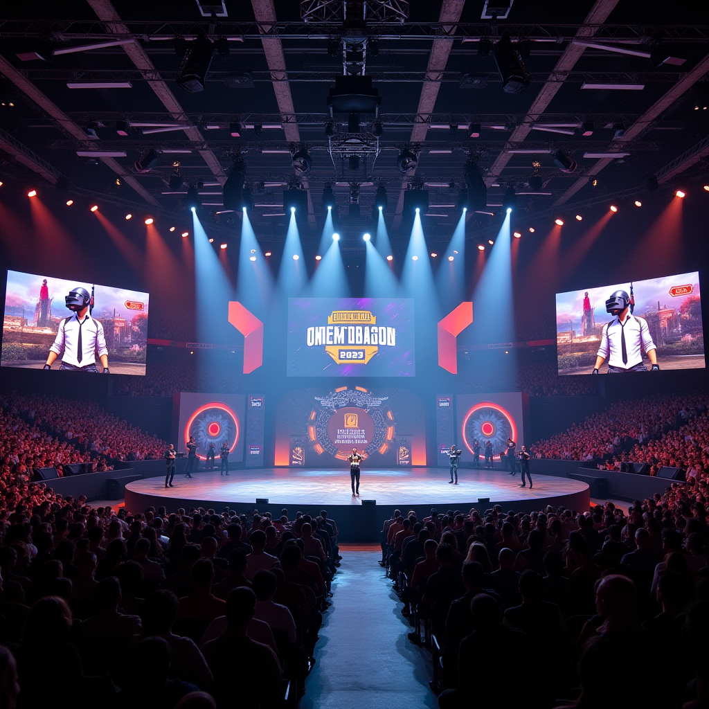 PUBG Mobile World Championship 2025 Finals main stage in Istanbul with dramatic lighting, large screens displaying gameplay, packed arena with thousands of spectators, Turkish team Futbolist celebrating victory with trophy, professional esports production setup