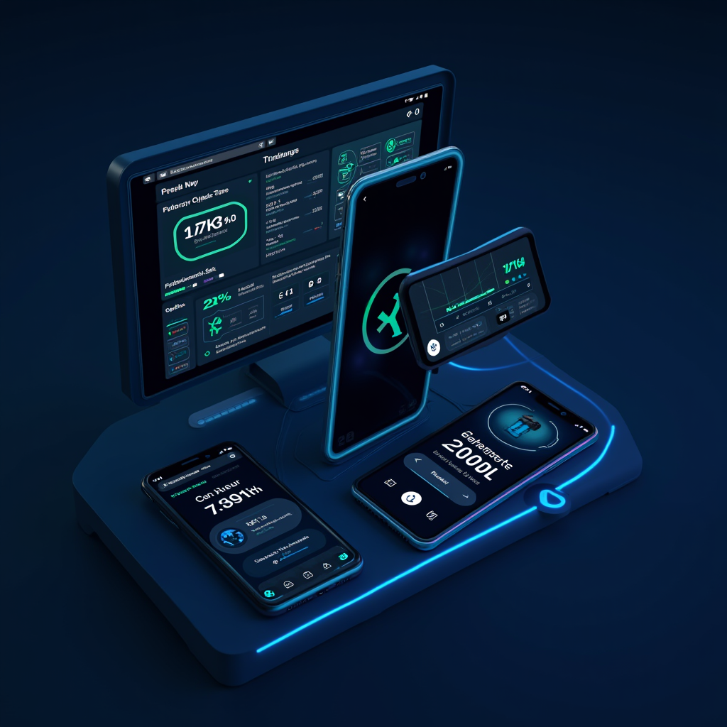Unity Technologies AI-powered development suite interface showing automated performance optimization dashboard with real-time metrics, AI asset generation tools, and intelligent testing framework on multiple mobile device screens with electric blue and neon green accent colors