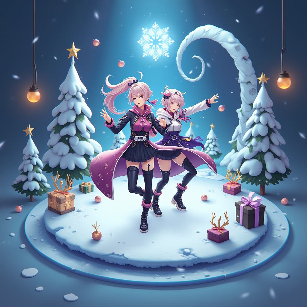 Genshin Impact version 5.3 update showcase featuring the new Natlan region final area with winter festival decorations, two new playable characters in dynamic poses, mobile device displaying optimized interface, and holiday-themed rewards with neon green and electric blue magical effects