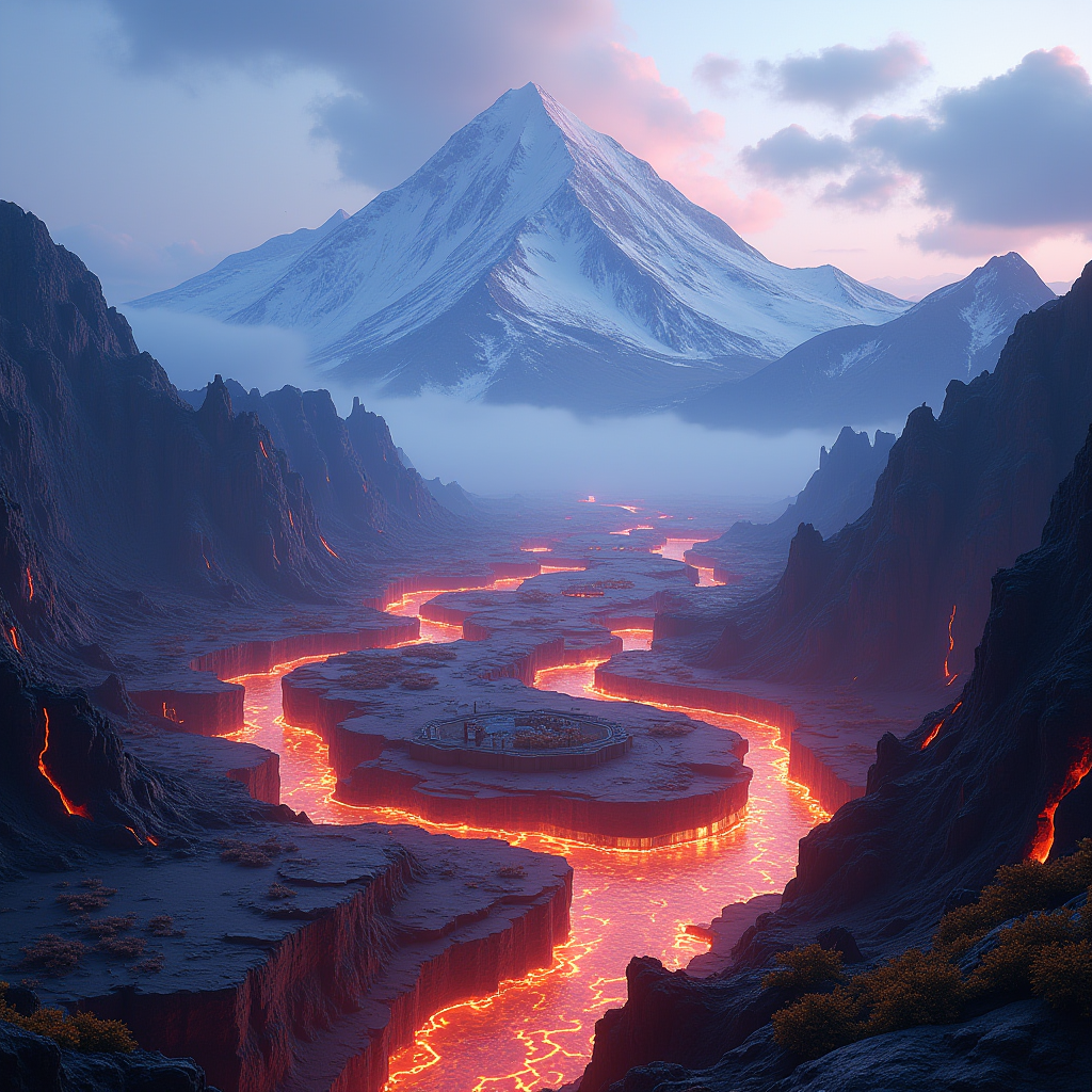 Panoramic view of the new Volcanic Peaks area in Genshin Impact showing dramatic volcanic terrain with glowing lava rivers, snow-covered peaks in the background, ancient ruins scattered across the landscape, and bioluminescent flora creating a mystical atmosphere at dusk