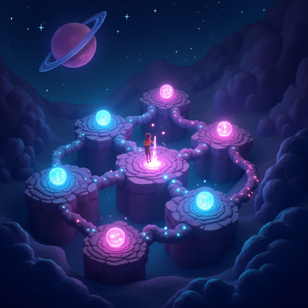 Celestial Pathways game screenshot showing a mystical puzzle adventure with glowing celestial bodies, intricate pathways connecting stars and planets, ethereal particle effects, and a character navigating through a cosmic landscape with vibrant blues and purples