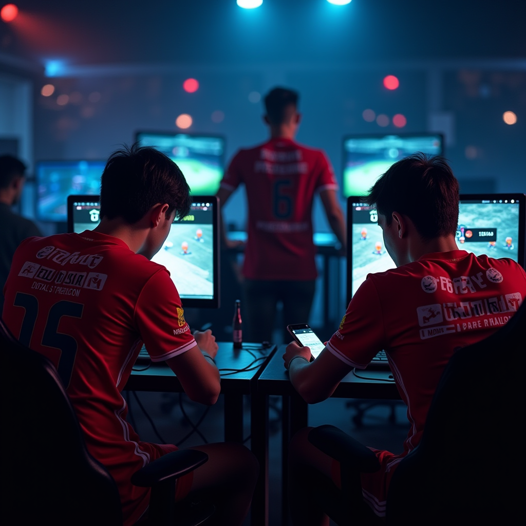 Futbolist team members in their gaming booth during championship finals, wearing team jerseys, focused on mobile devices, coach standing behind providing tactical guidance, professional gaming setup with multiple monitors showing game statistics and map positions