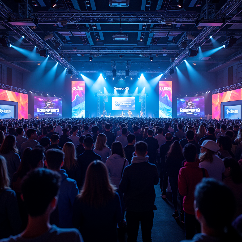 Major mobile gaming events and conferences showing crowded exhibition halls, esports tournaments, and developer presentations with attendees engaging with new game demos