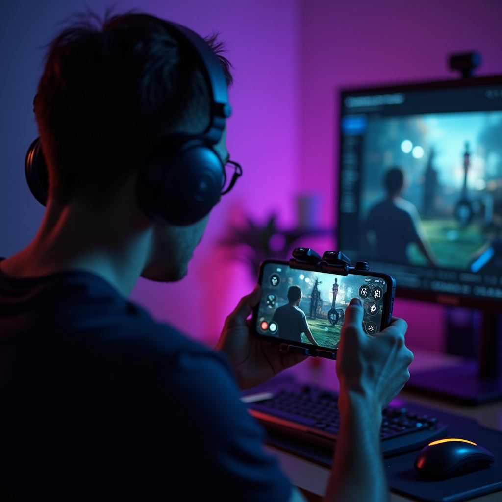 Professional mobile gaming setup showing smartphone mounted on stand with optimized touch controls visible on screen, gaming headphones, professional lighting, and tournament registration interface displayed on secondary monitor