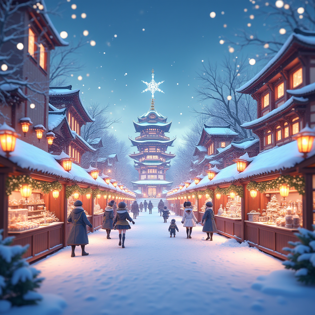 Genshin Impact Winter Festival event scene showing the main city decorated with glowing lanterns, snow-covered streets, festive market stalls with holiday decorations, characters in winter outfits participating in seasonal activities, and magical snowflakes falling with blue and green luminescent effects