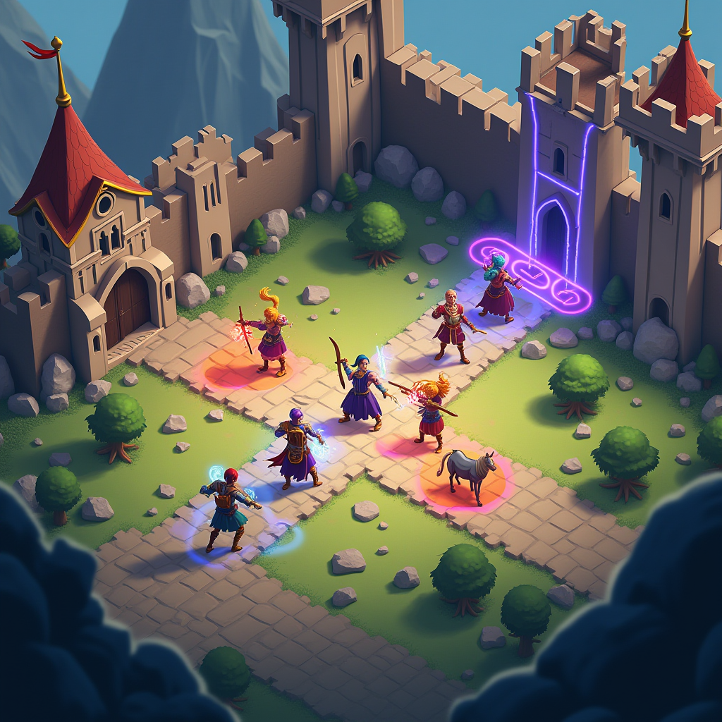 Kingdoms United RPG gameplay showing a tactical battle scene with multiple character classes including warriors, mages, and archers positioned on a strategic grid battlefield with medieval fantasy castle backdrop and colorful spell effects
