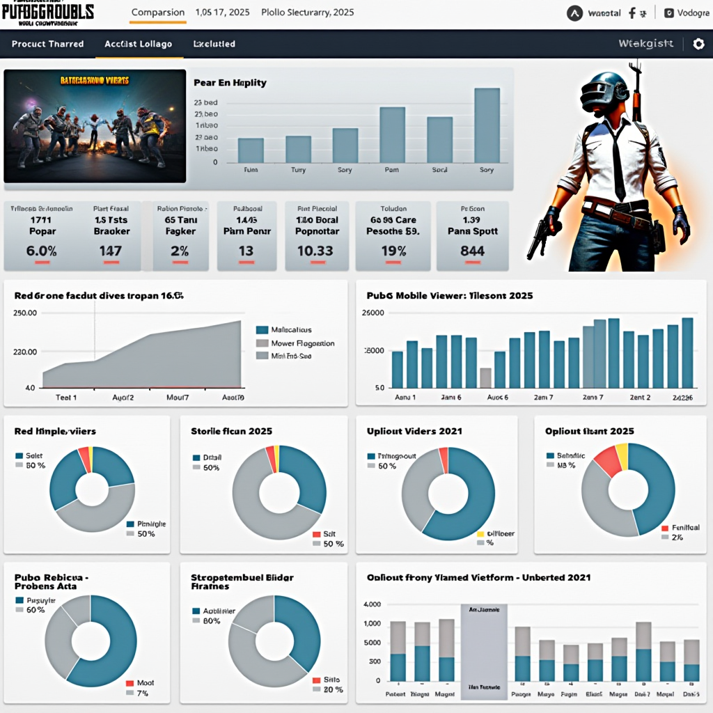 Digital dashboard displaying PUBG Mobile World Championship 2025 viewership statistics with graphs showing peak concurrent viewers across different streaming platforms, regional viewership breakdown pie charts, viewer engagement metrics, and comparison data with previous years