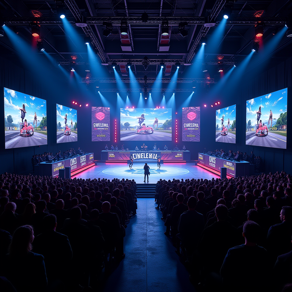 Professional mobile esports tournament arena with large screens displaying competitive gameplay, teams competing on stage, and enthusiastic audience watching intense matches