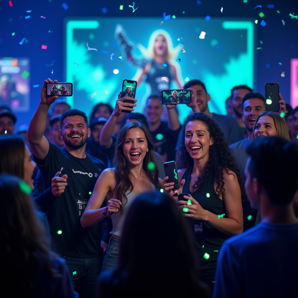 Diverse group of mobile gamers celebrating the tournament announcement, holding smartphones displaying Fortnite, with electric blue and neon green confetti falling, excited expressions, social media reactions visible on screens in background