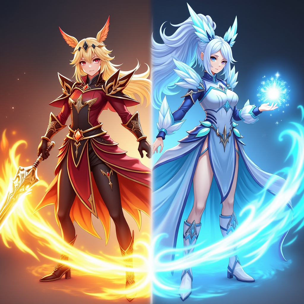 Side-by-side character showcase of Mavuika and Citlali from Genshin Impact, Mavuika on the left with fiery red and gold armor wielding a blazing claymore with volcanic effects, Citlali on the right in elegant ice-blue robes with crystalline accessories casting frost magic, both characters in dynamic action poses with their respective elemental effects glowing prominently