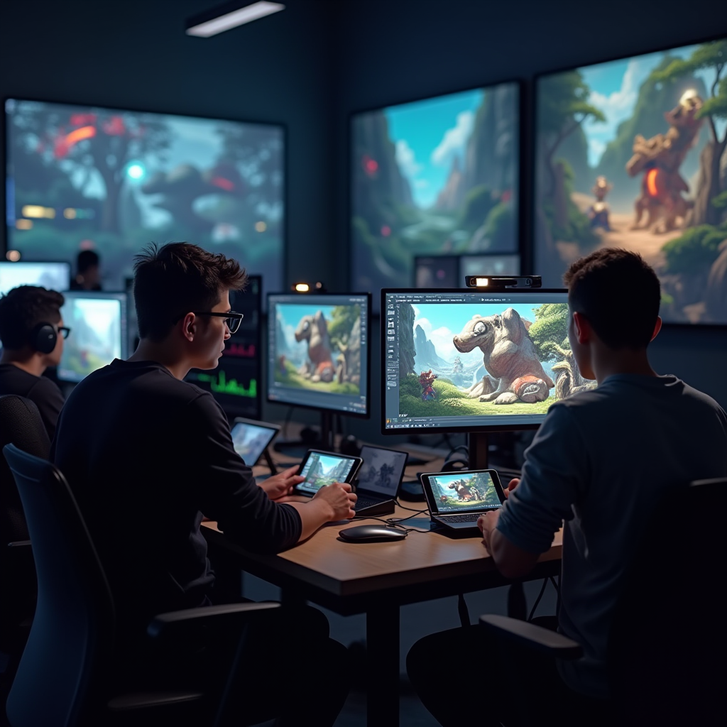 Modern game development studio with developers working at computers showing game design software, concept art on walls, and mobile devices displaying game prototypes in a collaborative creative workspace with natural lighting