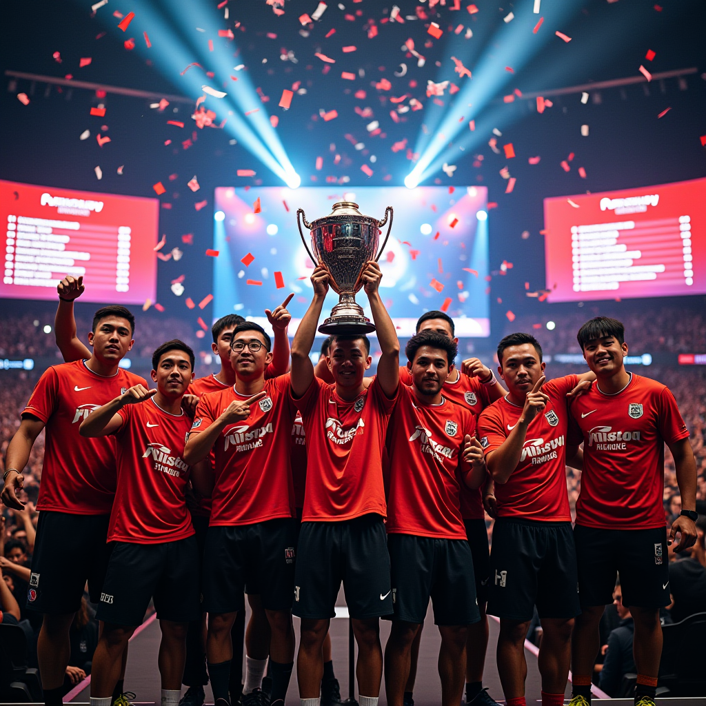 Futbolist team members on championship stage holding massive PUBG Mobile World Championship trophy, confetti falling, team jerseys, emotional celebration moment, large screens displaying final standings, Istanbul venue packed with cheering fans