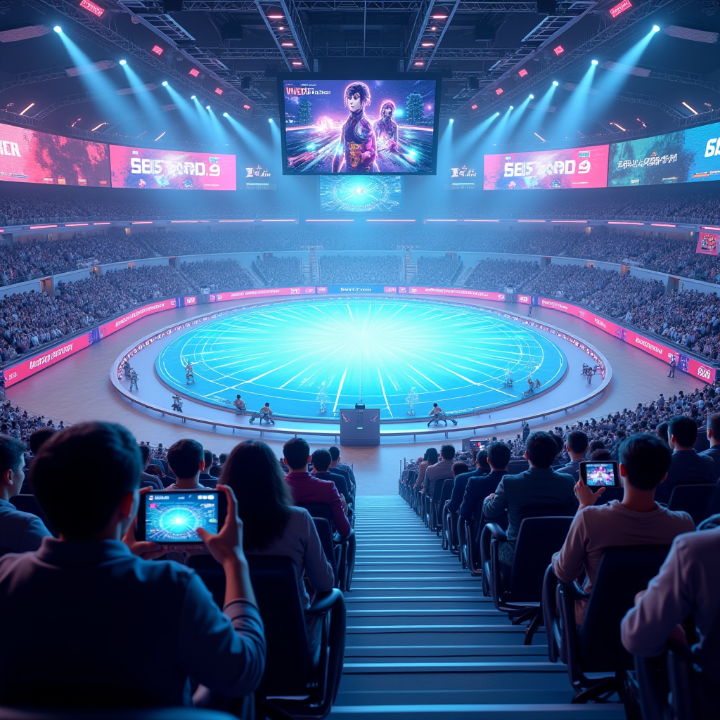 Futuristic mobile esports arena concept art showing advanced gaming setup with holographic displays, next-generation smartphones with specialized gaming attachments, packed stadium with diverse international audience, high-tech production equipment, representing the future evolution of competitive mobile gaming