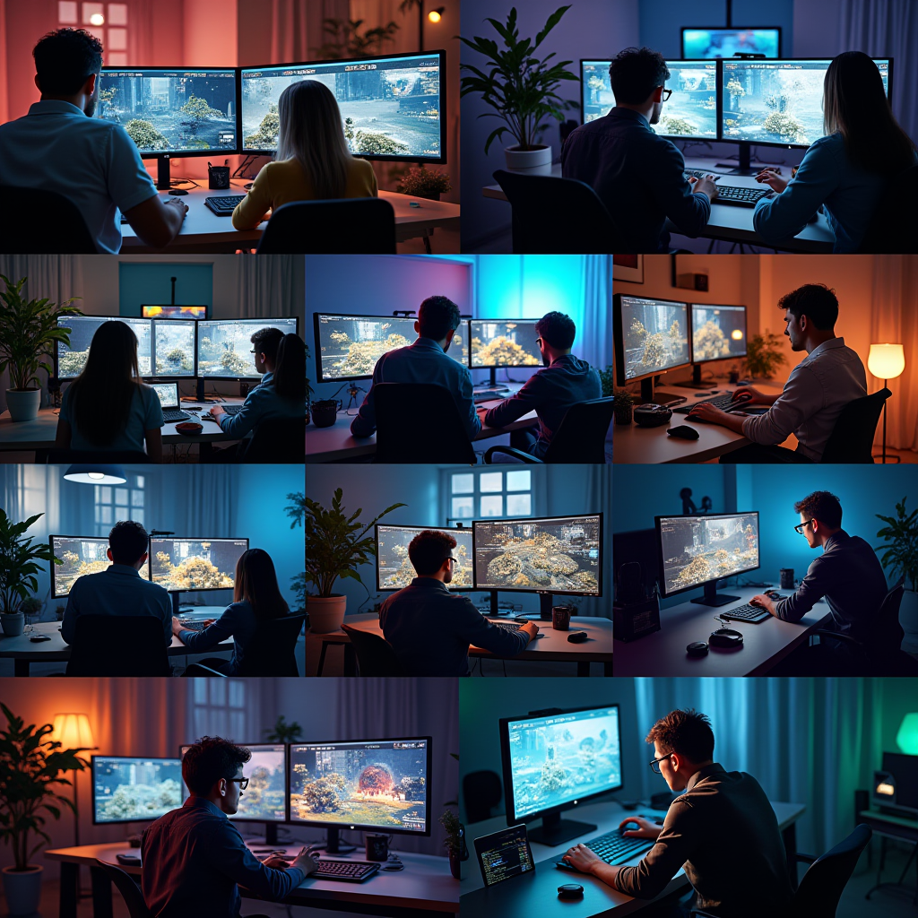 Collage of indie game developers working with Unity AI tools in modern studio environments, showing diverse teams collaborating on mobile games, reviewing AI-generated assets on multiple screens, and celebrating successful game launches with visible excitement and achievement