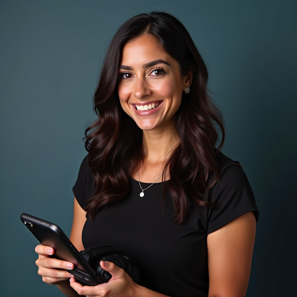 Marina Silva, Senior Gaming Reporter, professional portrait of experienced mobile gaming journalist with smartphone and gaming peripherals