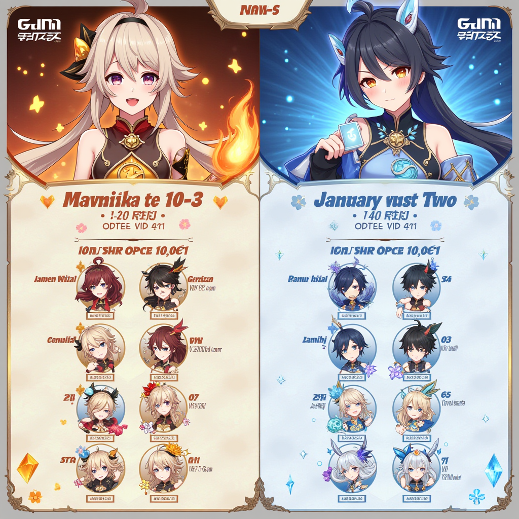Visual timeline infographic showing Genshin Impact version 5.3 character banner schedule with two phases, Phase One from December 10-31 featuring Mavuika with fire-themed graphics, Phase Two from January 1-21 featuring Citlali with ice-themed graphics, including character portraits, dates, and featured 4-star characters for each phase