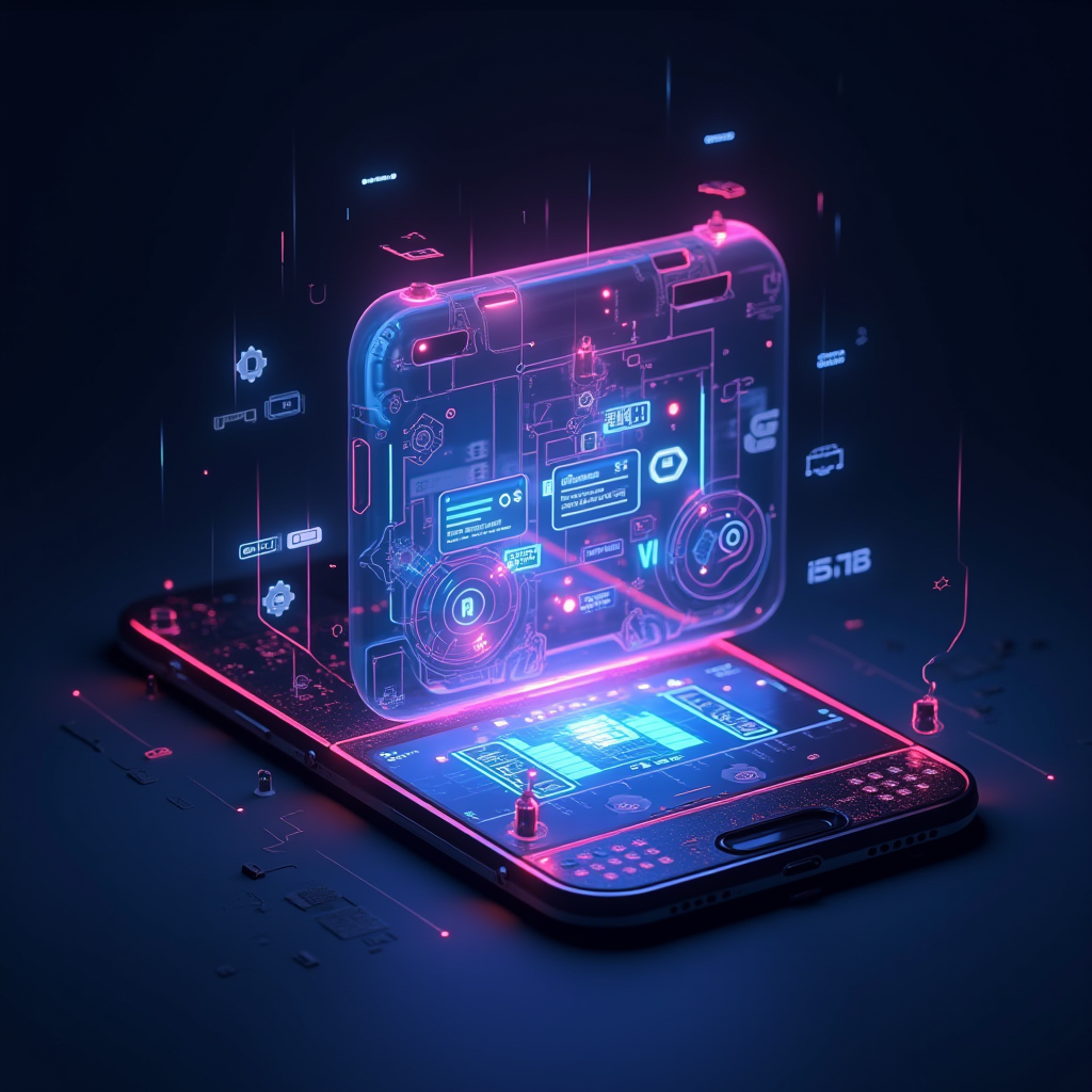 Futuristic concept art showing mobile gaming evolution with advanced AR/VR integration, cloud gaming technology, cross-platform multiplayer, and next-generation mobile devices displaying immersive gaming experiences with holographic interfaces and vibrant neon lighting
