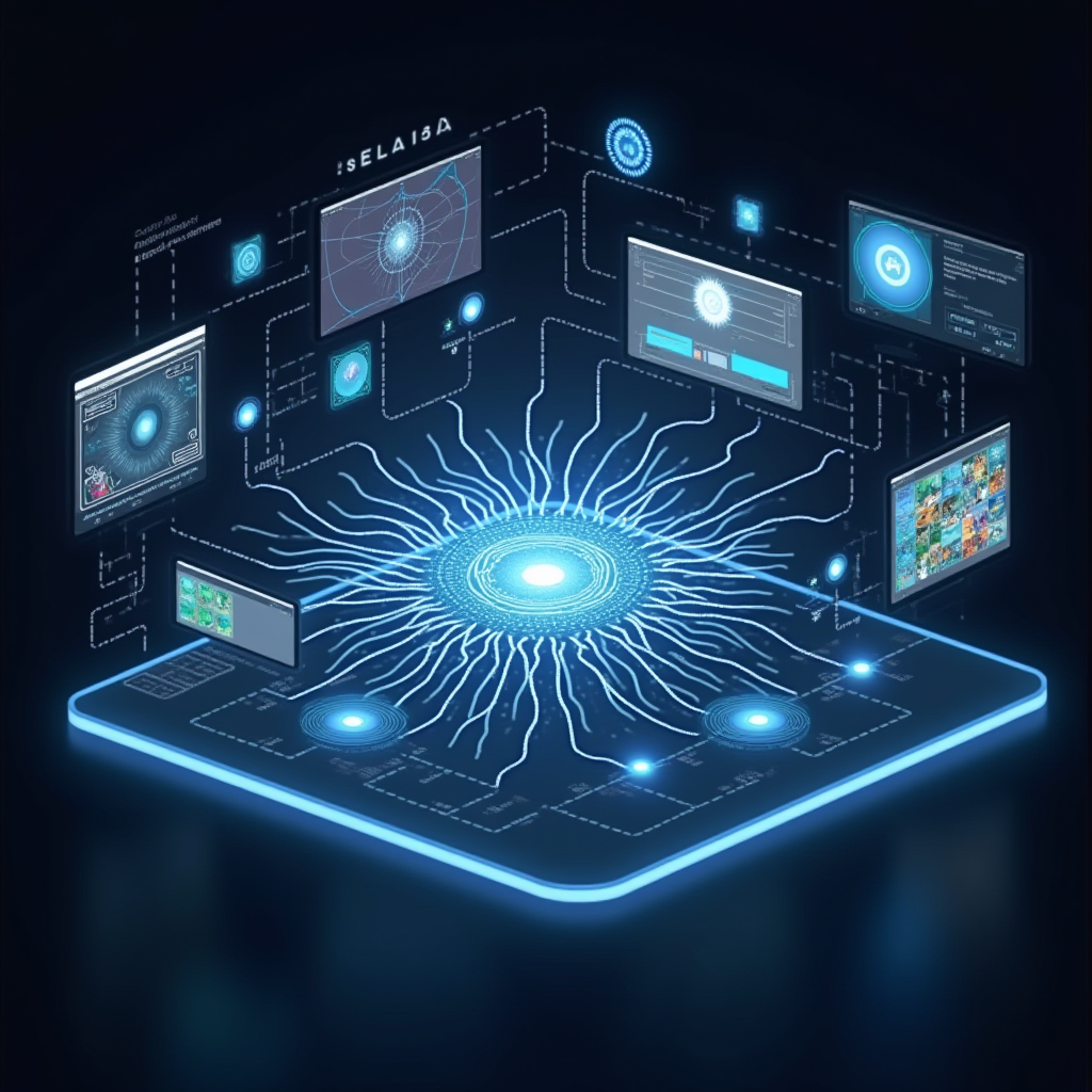 Futuristic visualization of AI-powered game development workflow showing holographic interfaces, neural network visualizations, automated asset pipelines, real-time collaboration between human developers and AI systems, with mobile devices displaying various game genres and styles being developed simultaneously