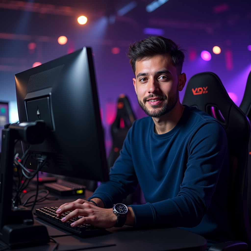 Lucas Almeida, Esports Correspondent, professional photo of esports journalist at tournament venue with competitive gaming setup