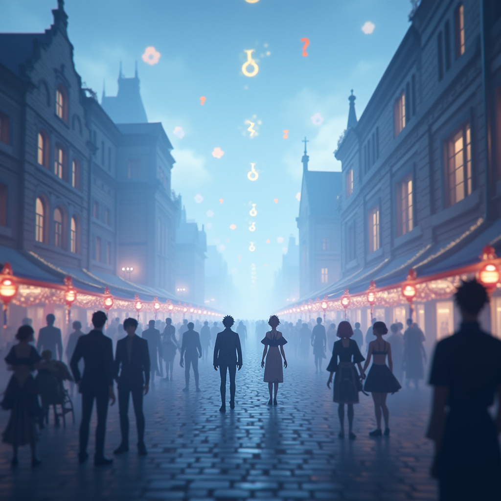 Teaser image for Genshin Impact version 5.4 showing a misty preview of Mondstadt city decorated for a grand festival, with silhouettes of characters in new outfits, mysterious glowing symbols in the sky, and text overlay reading Coming January 2026 with question marks suggesting unrevealed content