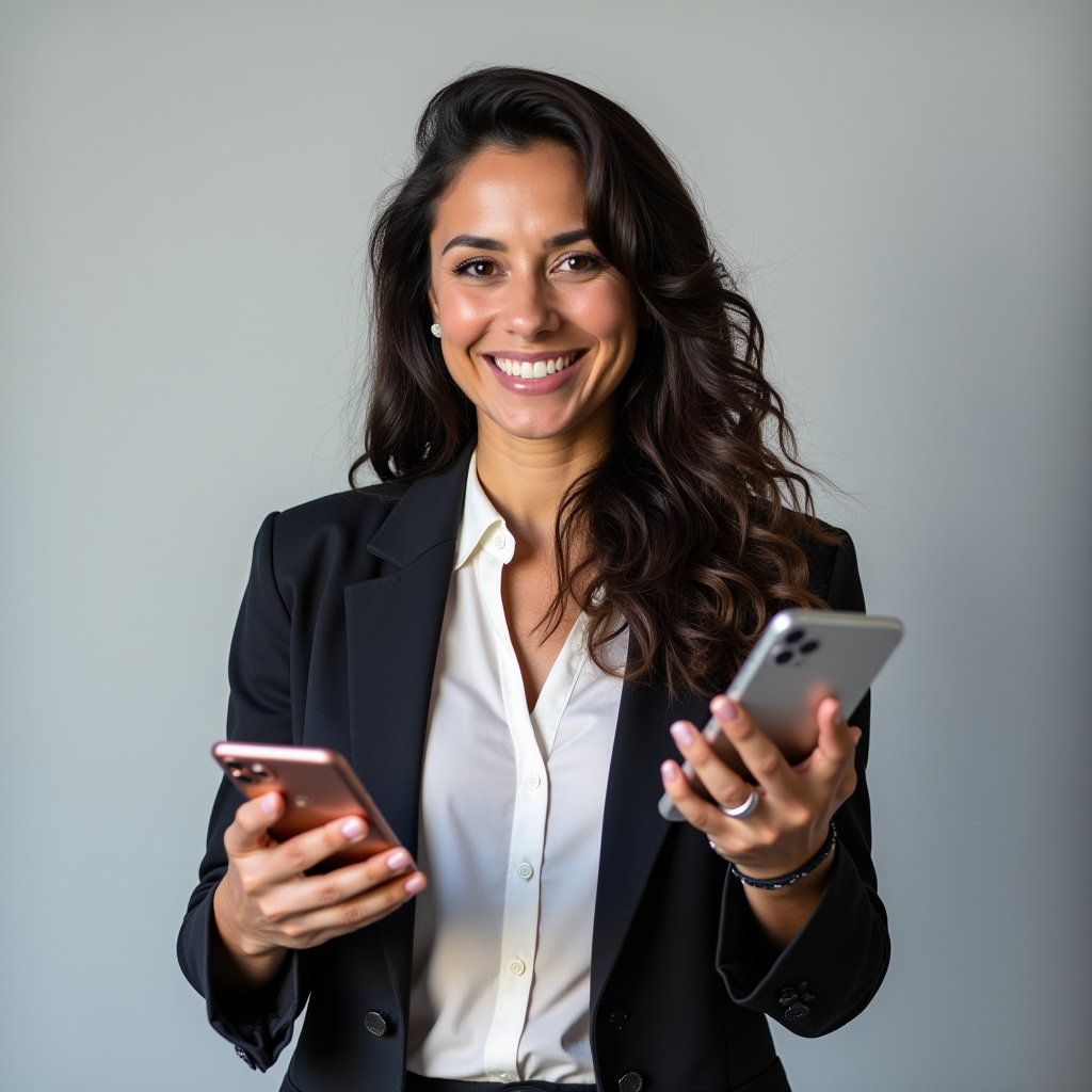 Julia Oliveira, Community Manager, professional photo of social media and community engagement specialist with multiple devices showing community interactions